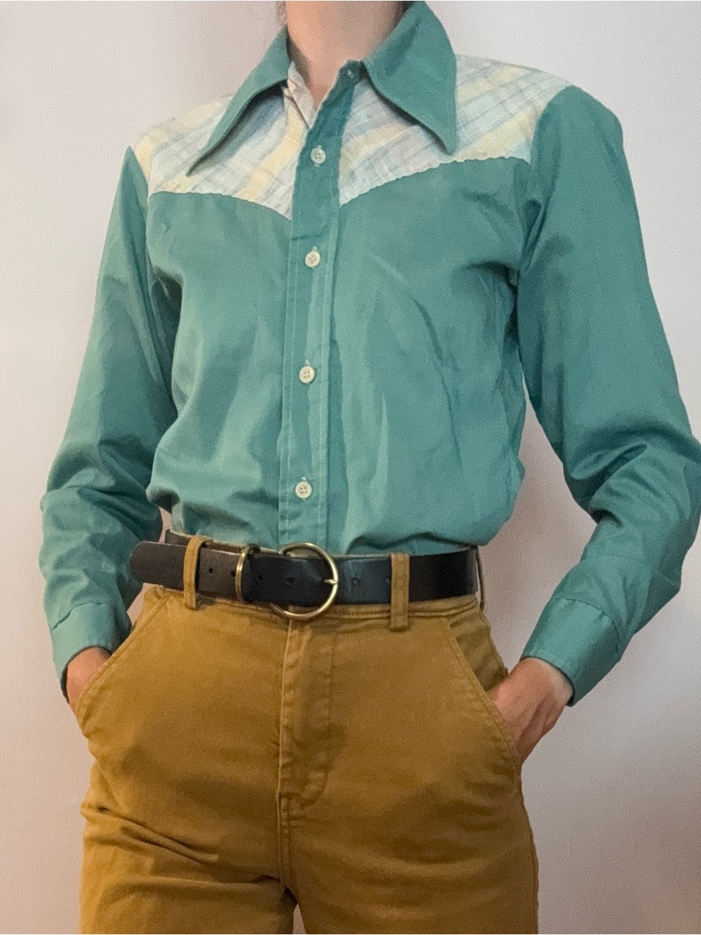 Vintage PINTO Teal Western Shirt with Plaid Yoke size small (18)